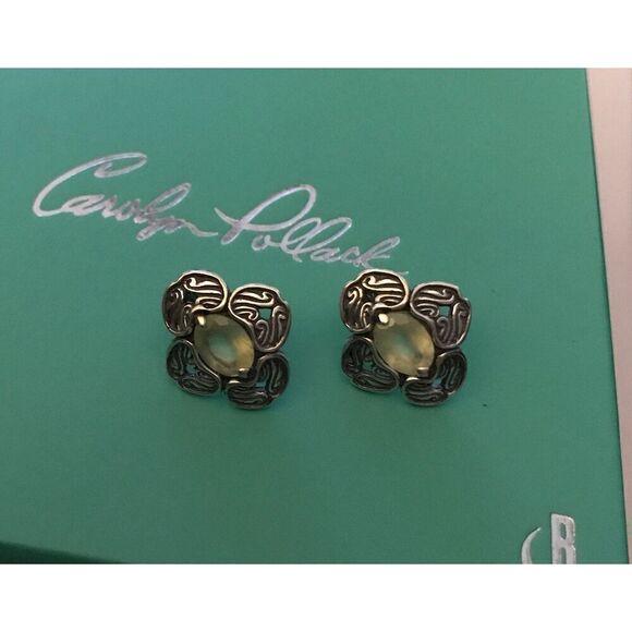 New~Carolyn Pollack Genuine Prehnite Gemstone Button Earrings~.925 Sterling - Picture 1 of 5